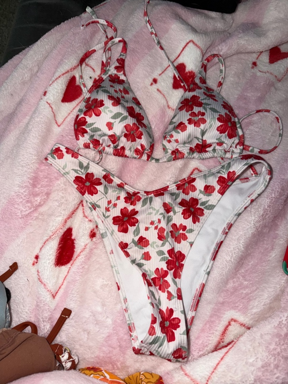 Hollister Red Floral Ribbed Triangle Bikini